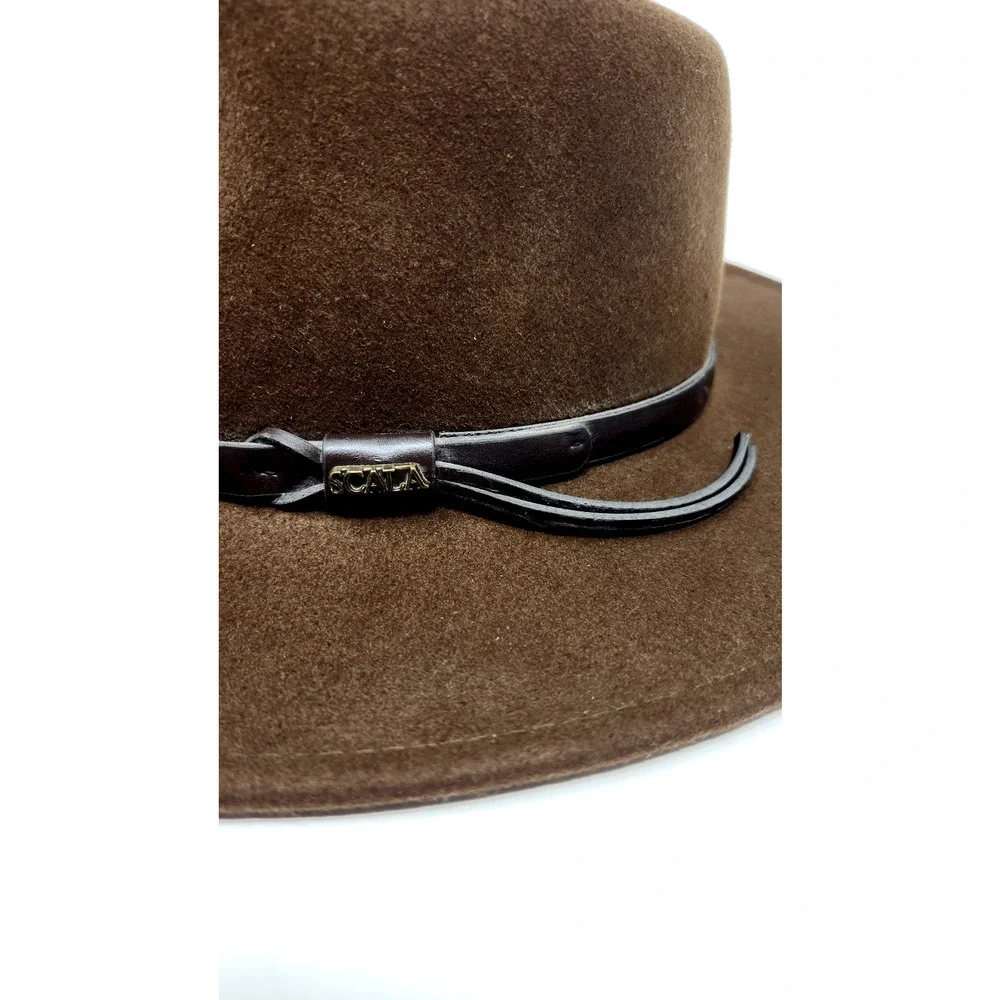 Scala L Classic Western Outback Fedora Hat Brown 100% Wool Felt Leather Band - Picture 3 of 8